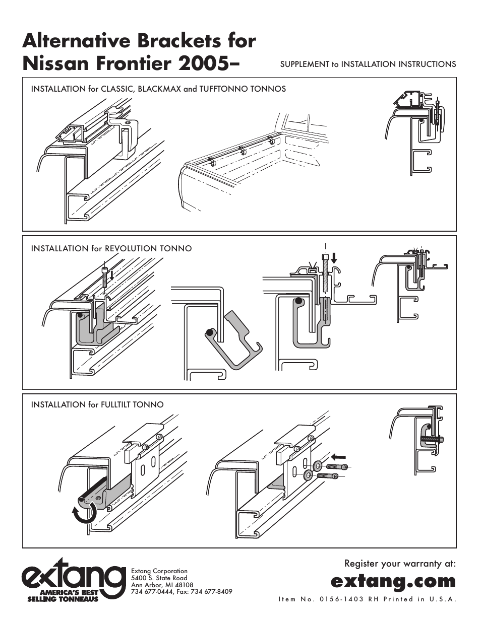 Extang Tuff Tonno: Nissan Frontier 05+ User Manual | 2 pages