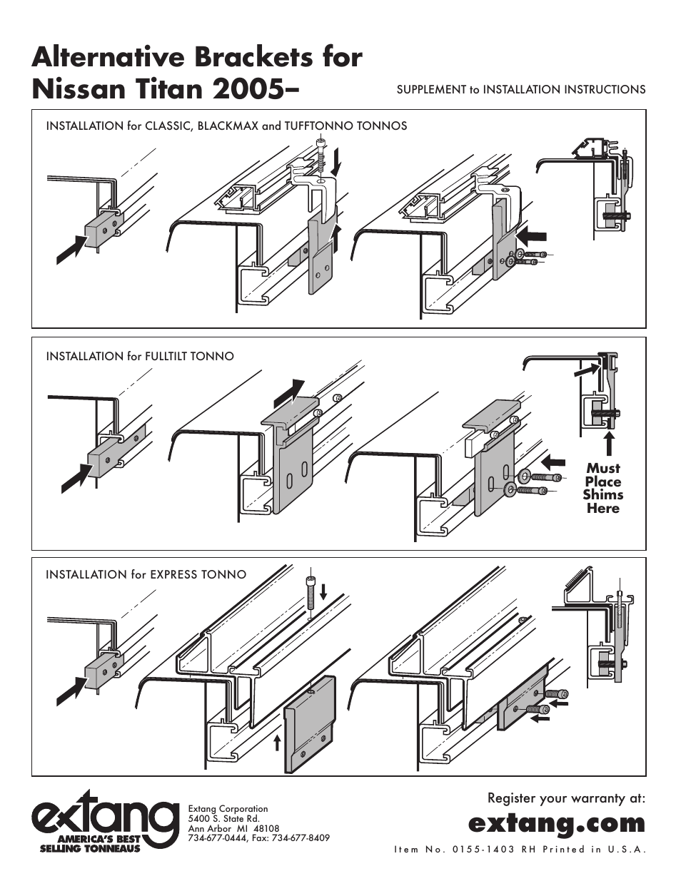 Extang Revolution Tonno: Nissan Titan 05+ User Manual | 2 pages