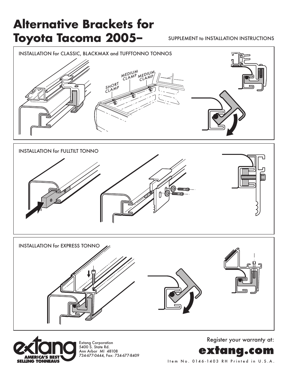 Extang FullTilt: Toyota Tacoma 05+ User Manual | 2 pages
