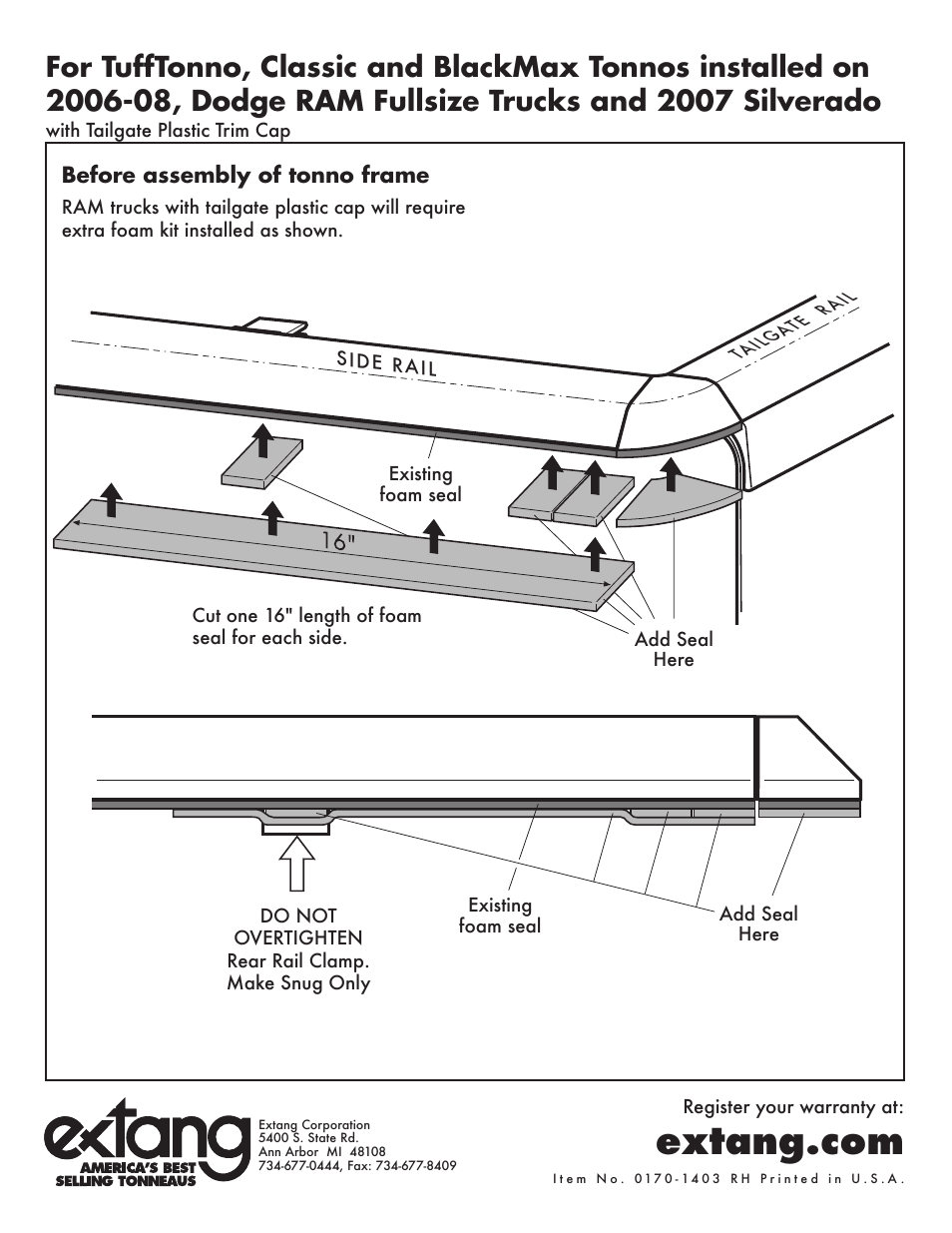 Extang Tuff Tonno: Silverado 07 User Manual | 2 pages
