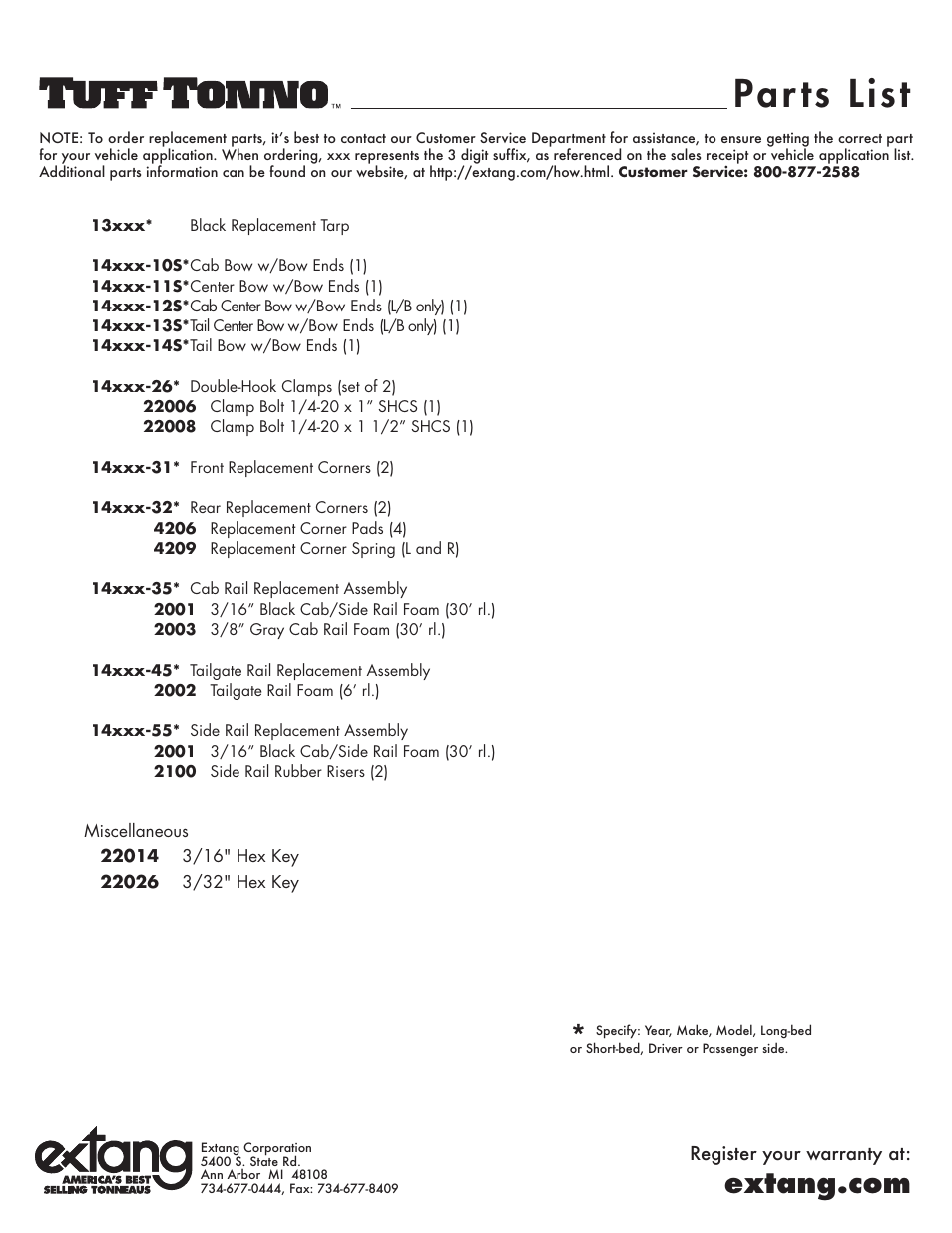 Par ts list | Extang Tuff Tonno General Installation User Manual | Page 4 / 4