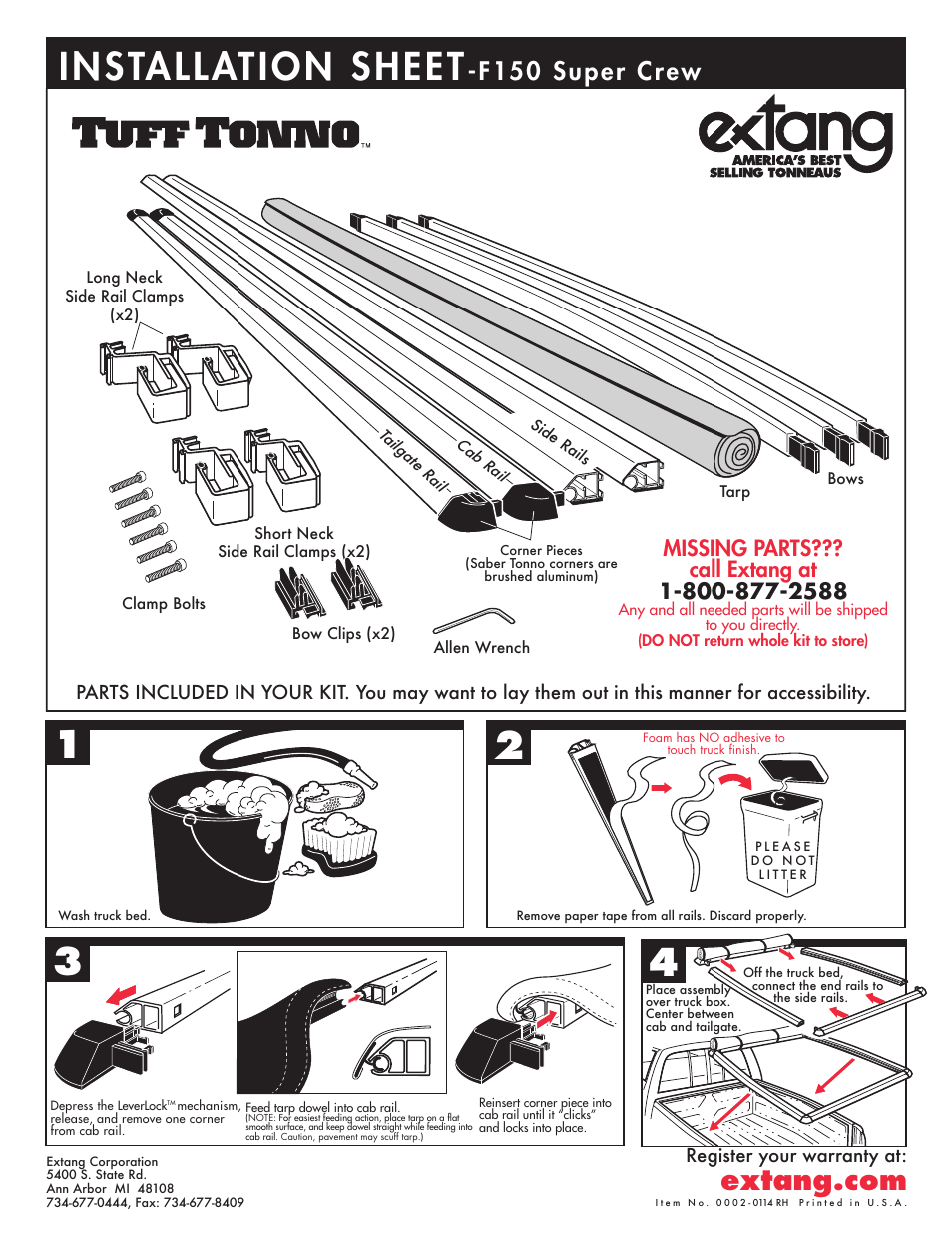Extang Tuff Tonno: Ford F150 Super Crew User Manual | 2 pages