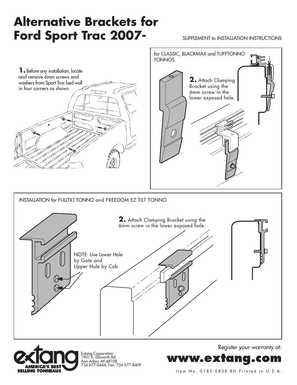 Extang Revolution Tonno: Ford Sport Trac 07+ User Manual | 2 pages