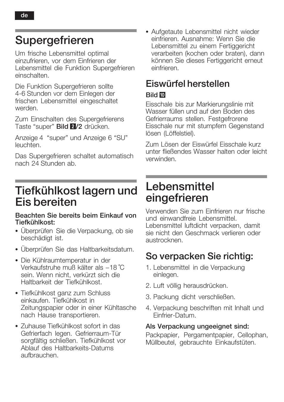 Supergefrieren, Tiefkühlkost lagern und eis bereiten, Lebensmittel eingefrieren | Eiswürfel herstellen, So verpacken sie richtig | Neff K5754X1 User Manual | Page 12 / 92