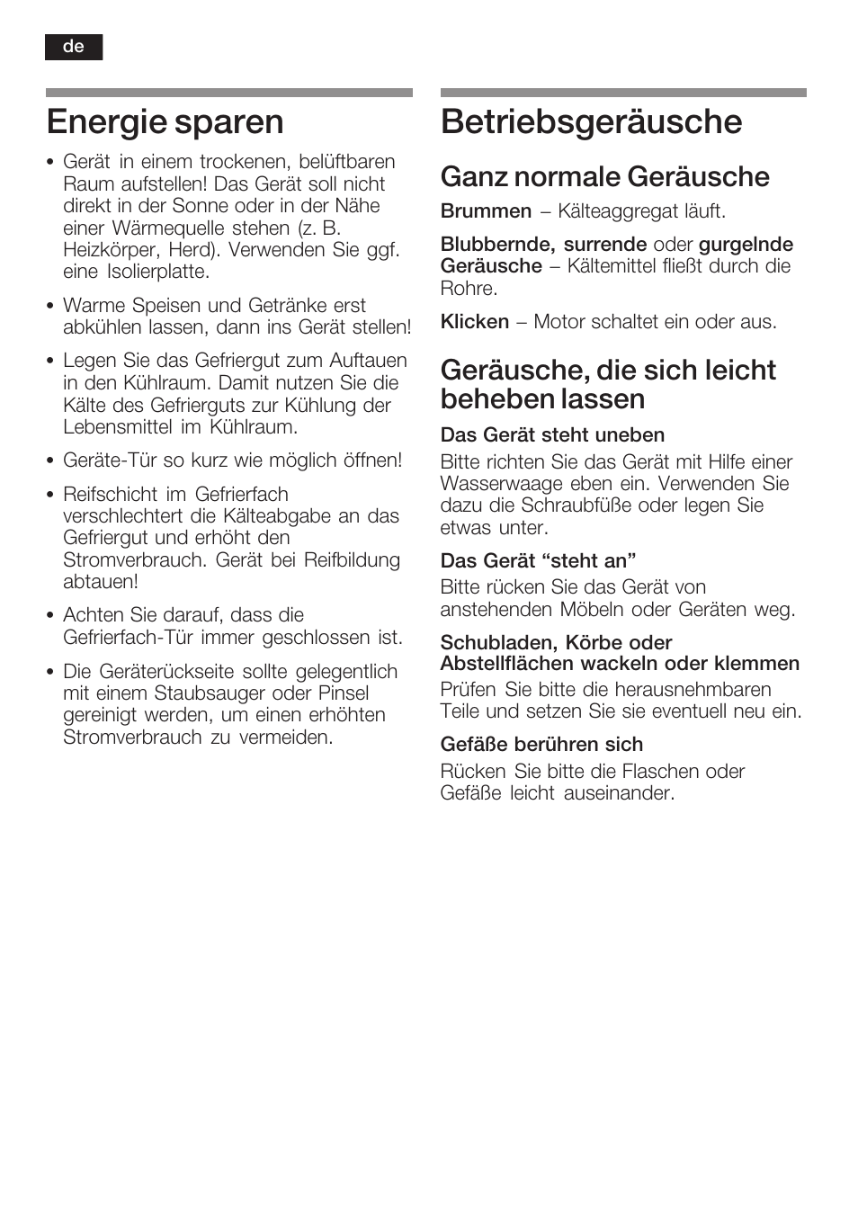 Energie sparen, Betriebsgeräusche, Ganz normale geräusche | Geräusche, die sich leicht beheben lassen | Neff K5754X1 User Manual | Page 16 / 92