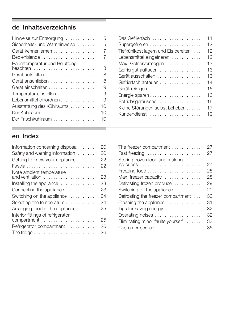 Deąinhaltsverzeichnis, Enąindex | Neff K5754X1 User Manual | Page 2 / 92