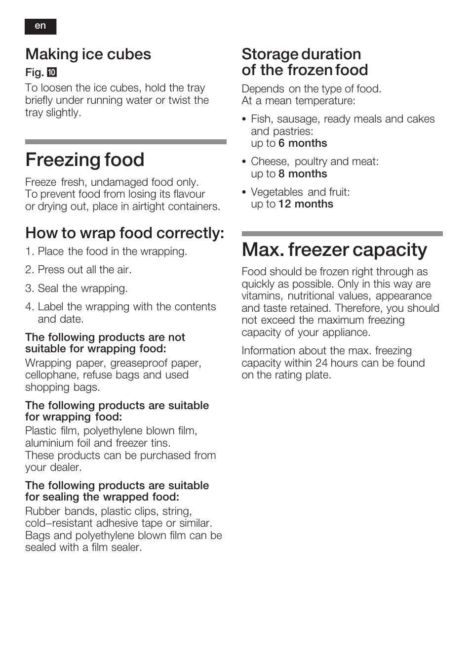 Freezing food, Max. freezer capacity, Making ice cubes | How to wrap food correctly, Storage duration of the frozen food | Neff K5754X1 User Manual | Page 28 / 92