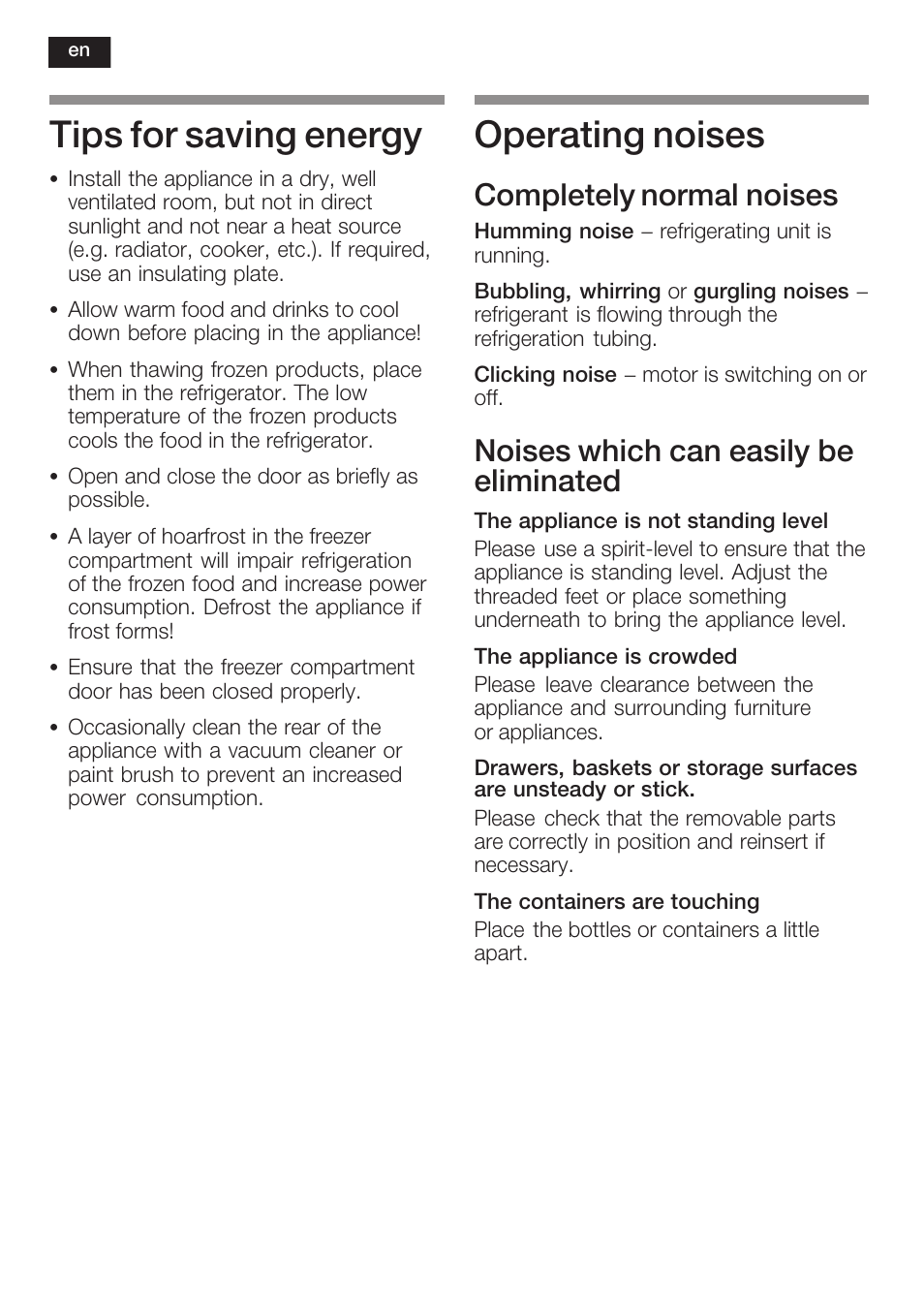 Tips for saving energy, Operating noises, Completely normal noises | Noises which can easily be eliminated | Neff K5754X1 User Manual | Page 32 / 92