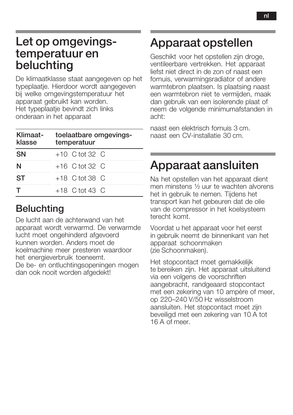 Let op omgevingsć temperatuur en beluchting, Apparaat opstellen, Apparaat aansluiten | Beluchting | Neff K5754X1 User Manual | Page 75 / 92