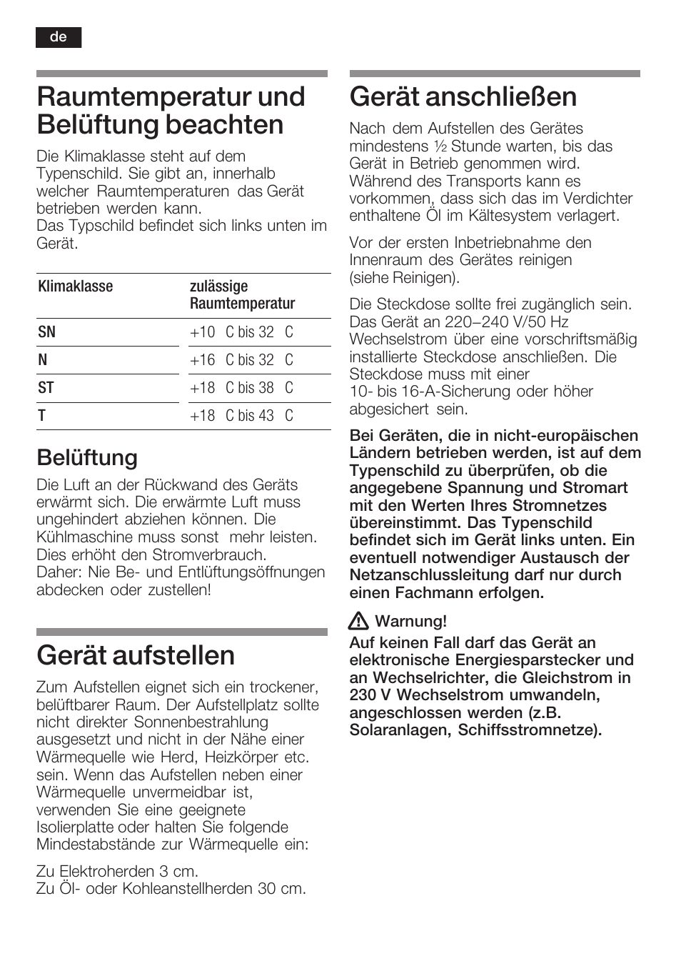 Raumtemperatur und belüftung beachten, Gerät aufstellen, Gerät anschließen | Belüftung | Neff K5754X1 User Manual | Page 8 / 92