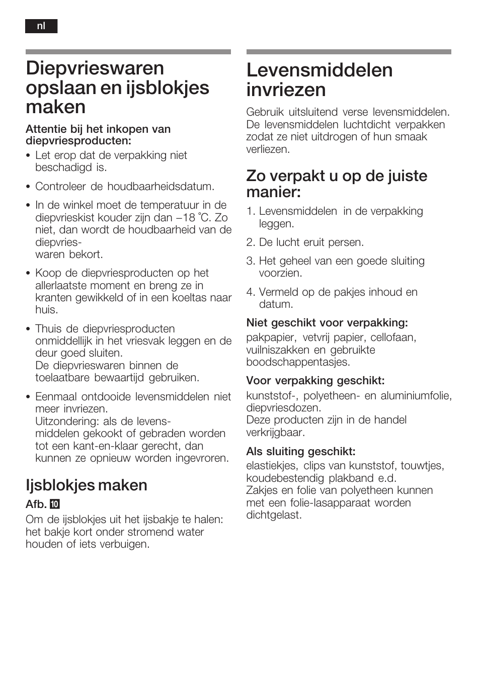 Diepvrieswaren opslaan en ijsblokjes maken, Levensmiddelen invriezen, Ijsblokjes maken | Zo verpakt u op de juiste manier | Neff K5754X1 User Manual | Page 80 / 92