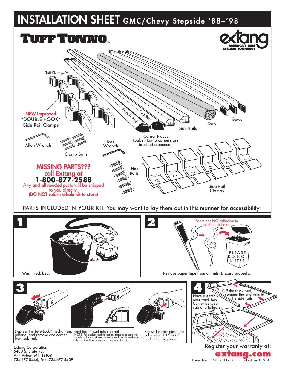 Extang Tuff Tonno: GMC/Chevy Stepside 88-98 User Manual | 2 pages