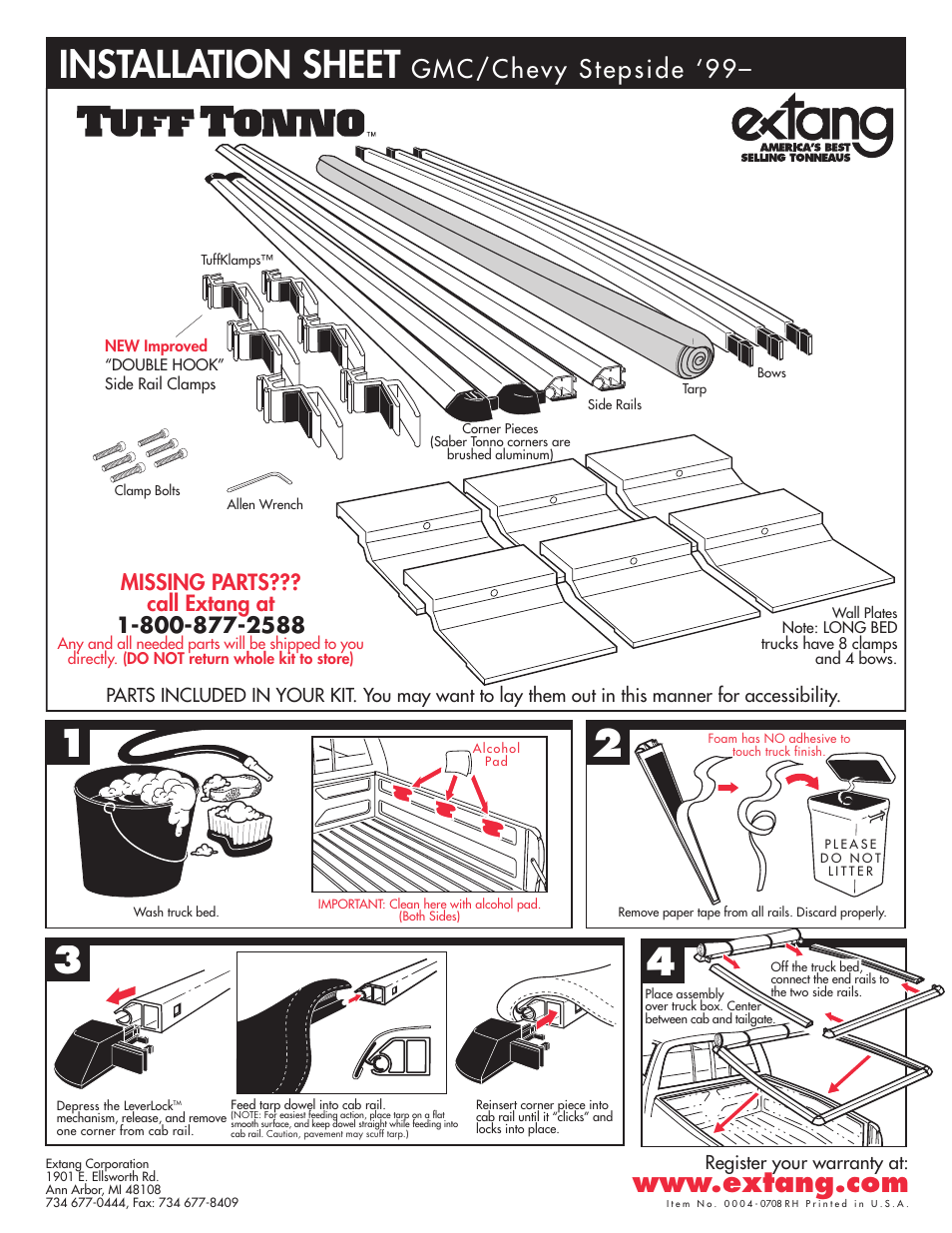 Extang Tuff Tonno: GMC/Chevy Stepside 99+ User Manual | 2 pages
