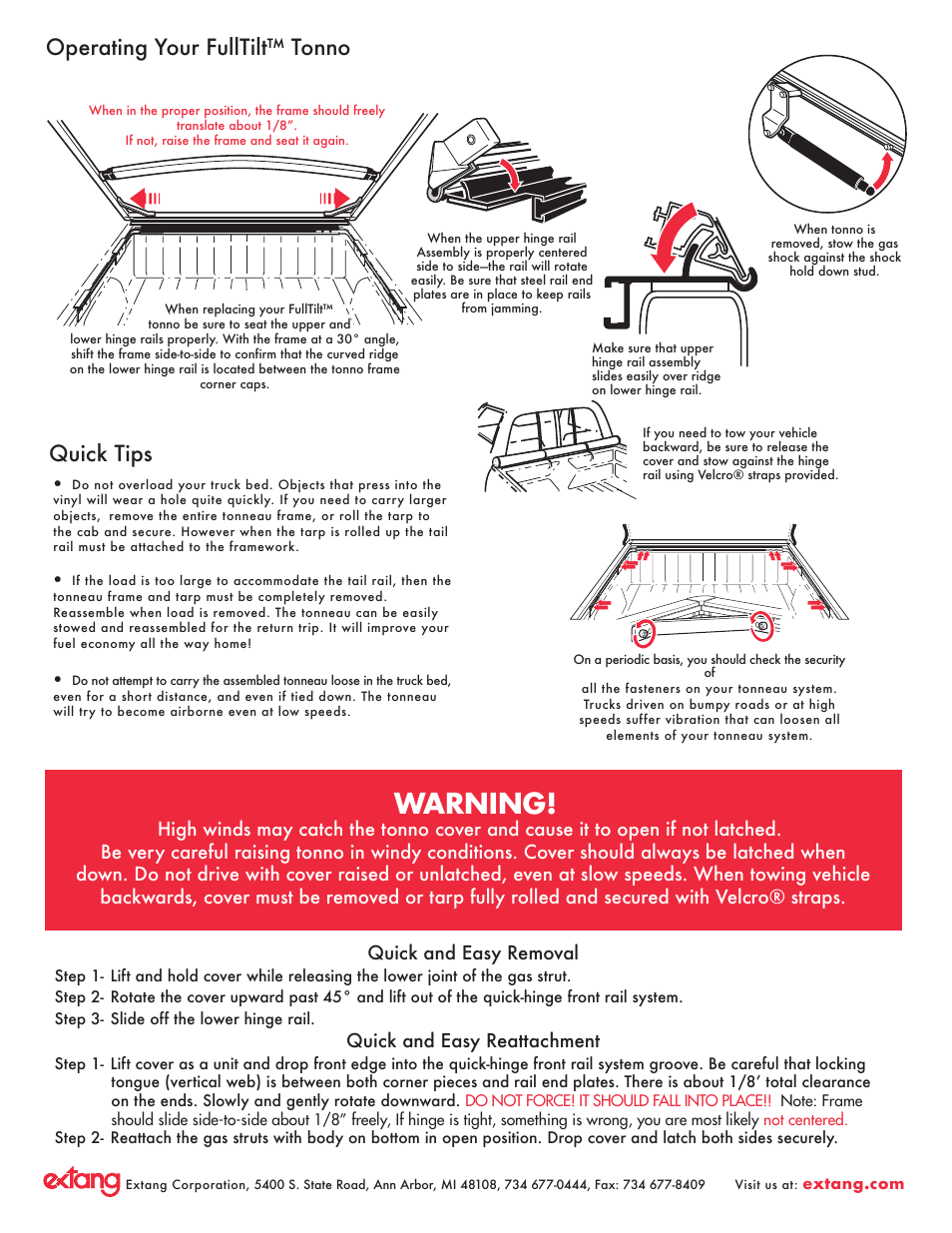 Warning, Operating your fulltilt™ tonno, Quick tips | Quick and easy removal, Quick and easy reattachment | Extang FullTilt General Installation (Snap style) User Manual | Page 4 / 8