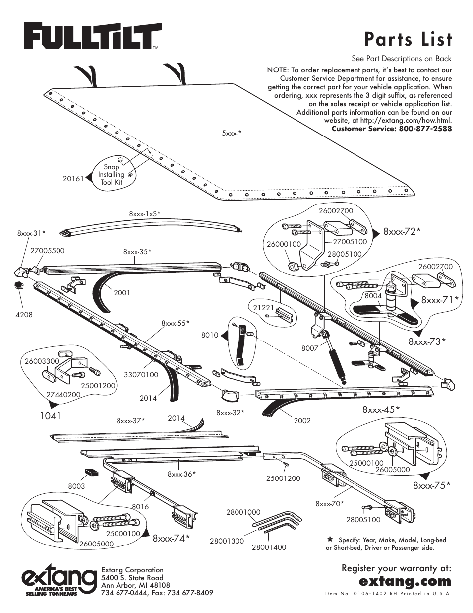 Par ts list | Extang FullTilt General Installation (Snap style) User Manual | Page 5 / 8