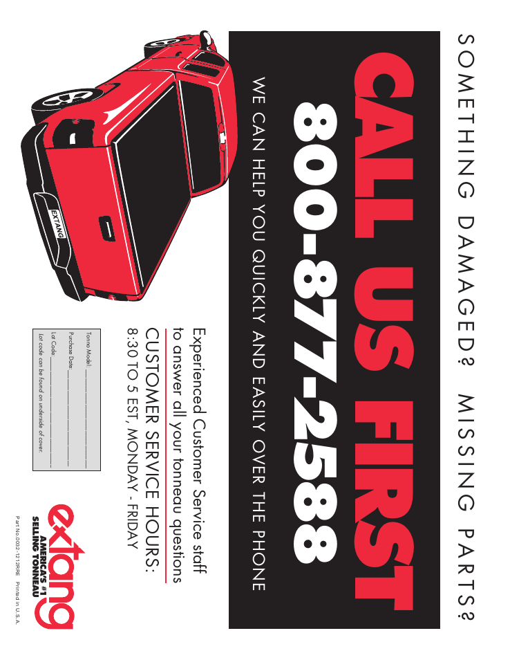 Ca ll us f irst | Extang FullTilt General Installation (Snap style) User Manual | Page 8 / 8
