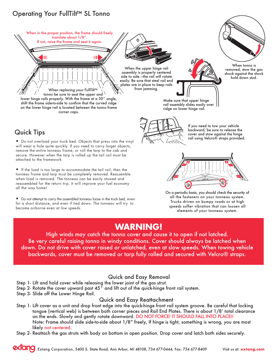 Warning, Operating your fulltilt™ sl tonno, Quick tips | Quick and easy removal, Quick and easy reattachment | Extang FullTilt General Installation (Snapless style) User Manual | Page 4 / 8