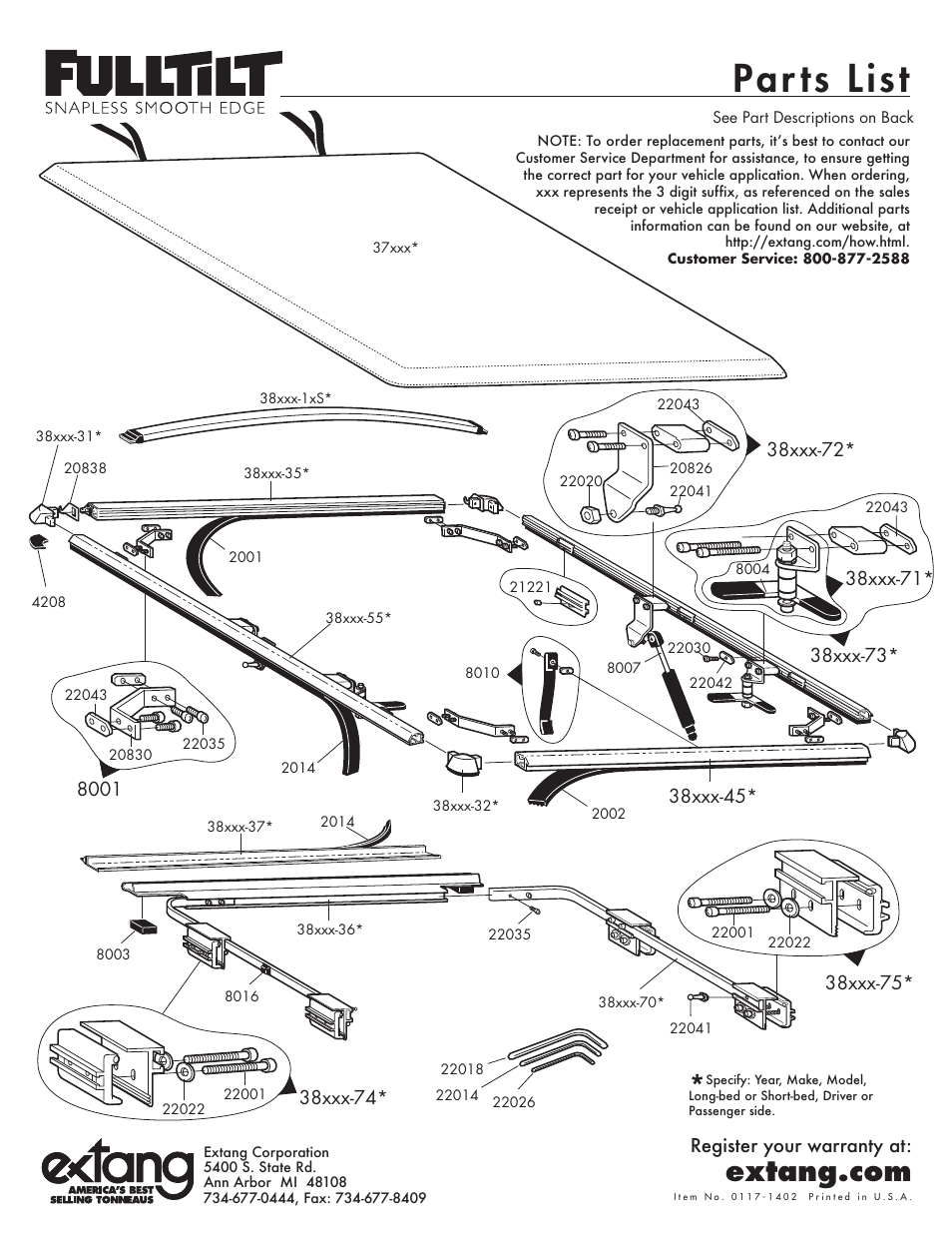 Par ts list | Extang FullTilt General Installation (Snapless style) User Manual | Page 5 / 8