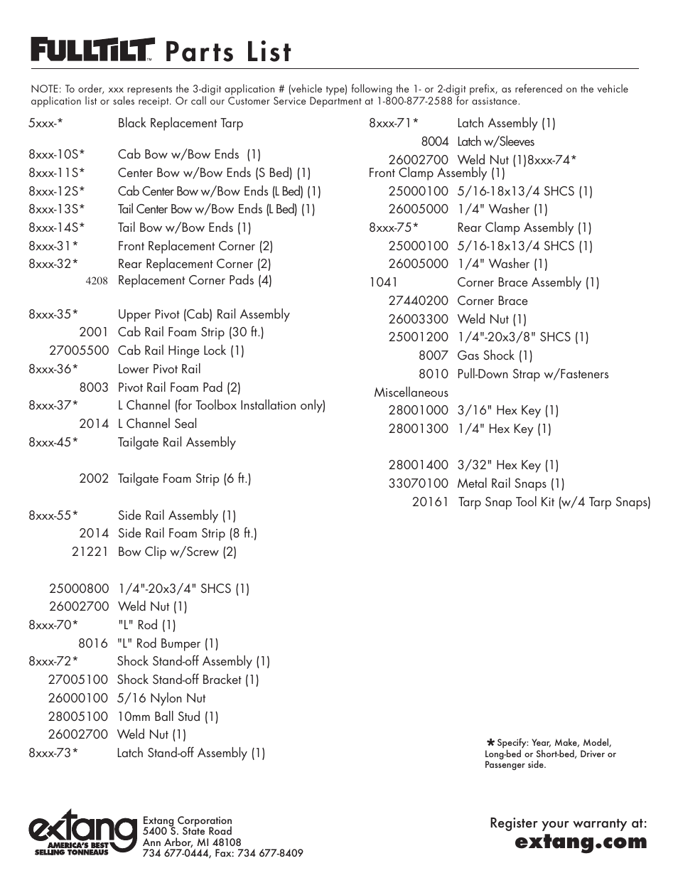 Par ts list | Extang FullTilt General Installation (Snapless style) User Manual | Page 6 / 8