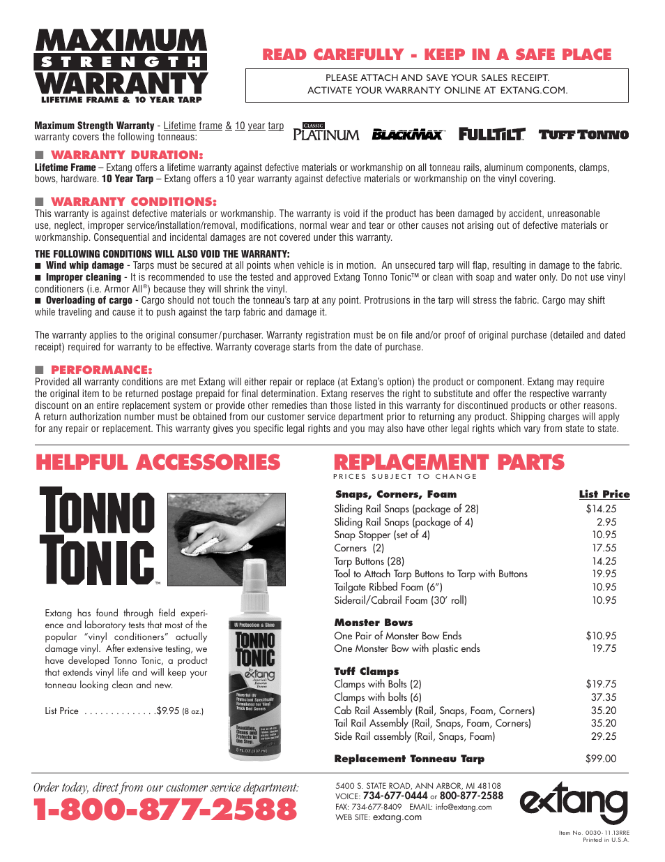 Helpful accessories replacement parts, Read carefully - keep in a safe place | Extang FullTilt General Installation (Snapless style) User Manual | Page 7 / 8