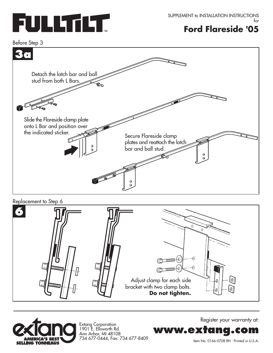 Extang FullTilt: Ford F150 Flareside 04-08 Supplement User Manual | 1 page