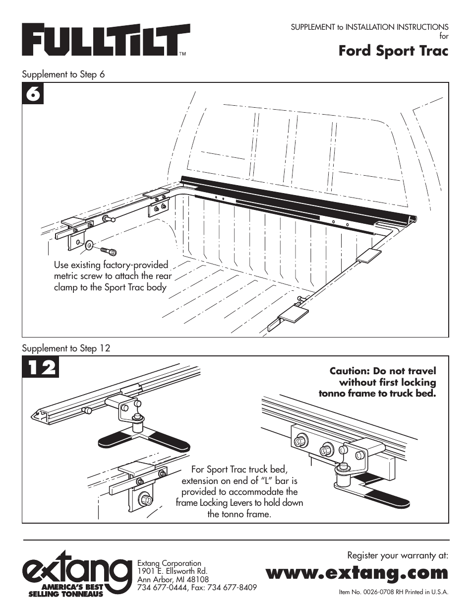 Extang FullTilt: Ford Sport Trac Supplement User Manual | 1 page