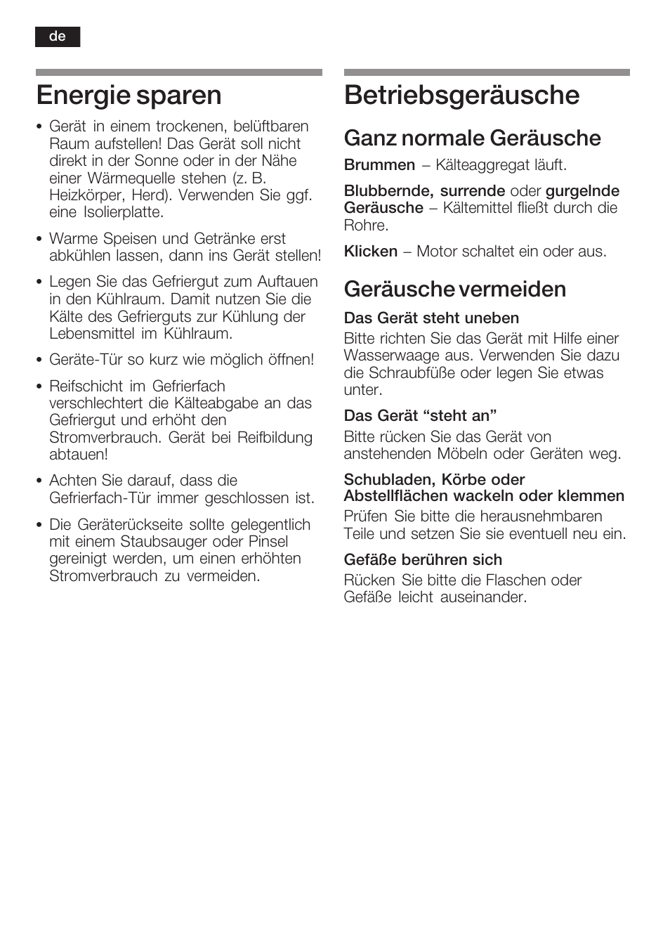 Energie sparen, Betriebsgeräusche, Ganz normale geräusche | Geräusche vermeiden | Neff K5734X8 User Manual | Page 18 / 97