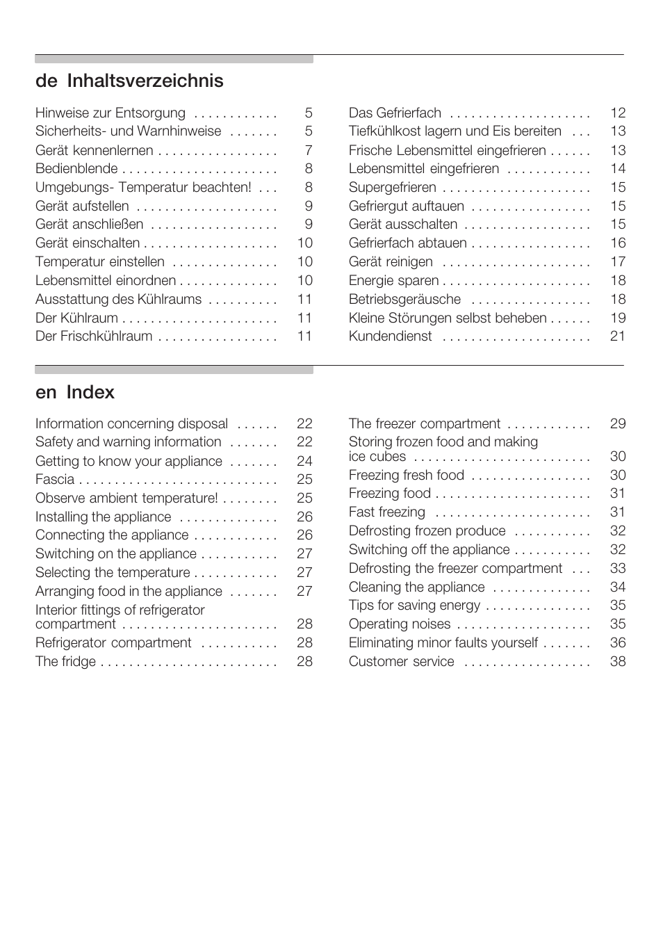 Deąinhaltsverzeichnis, Enąindex | Neff K5734X8 User Manual | Page 2 / 97