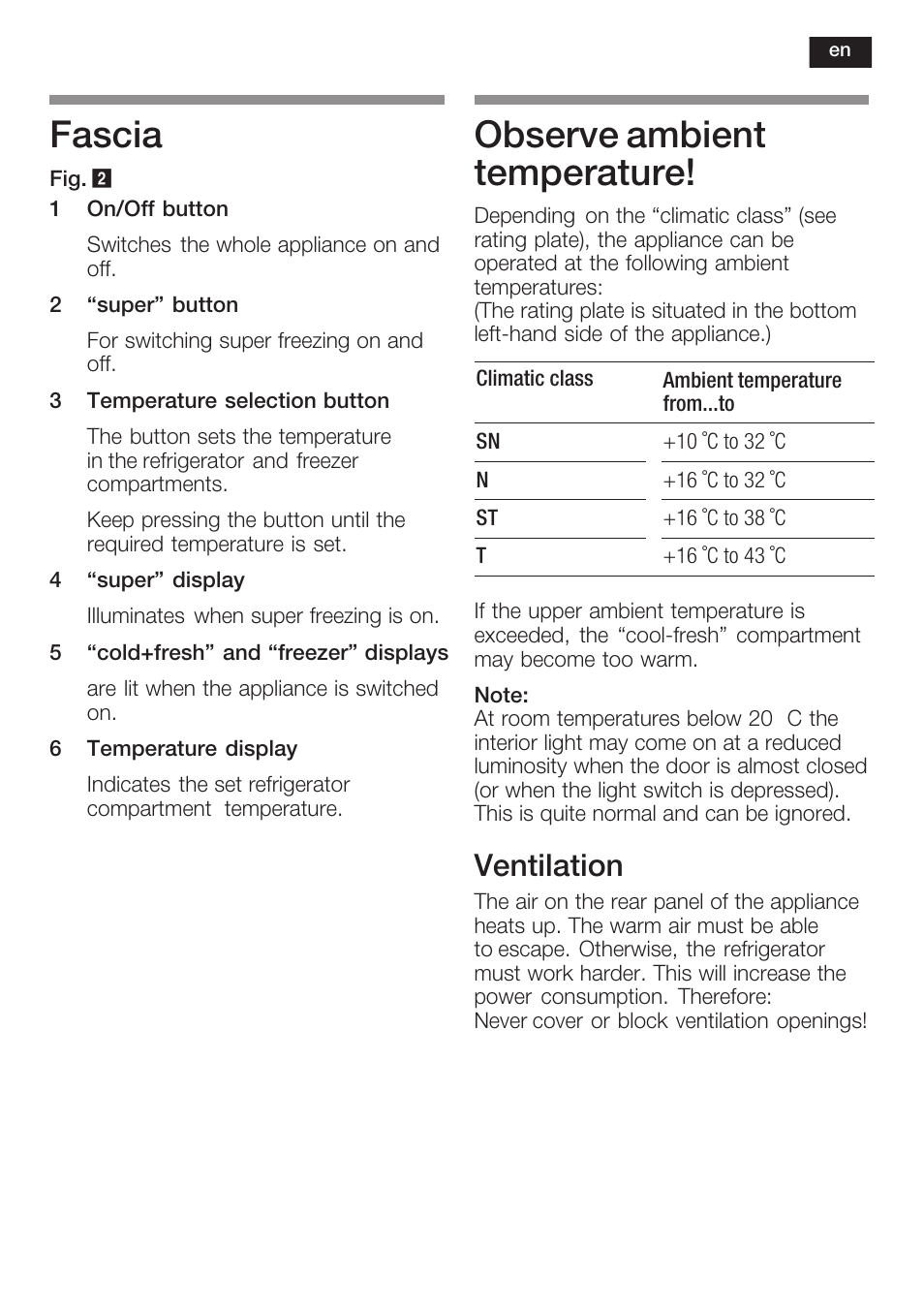 Fascia, Observe ambient temperature, Ventilation | Neff K5734X8 User Manual | Page 25 / 97