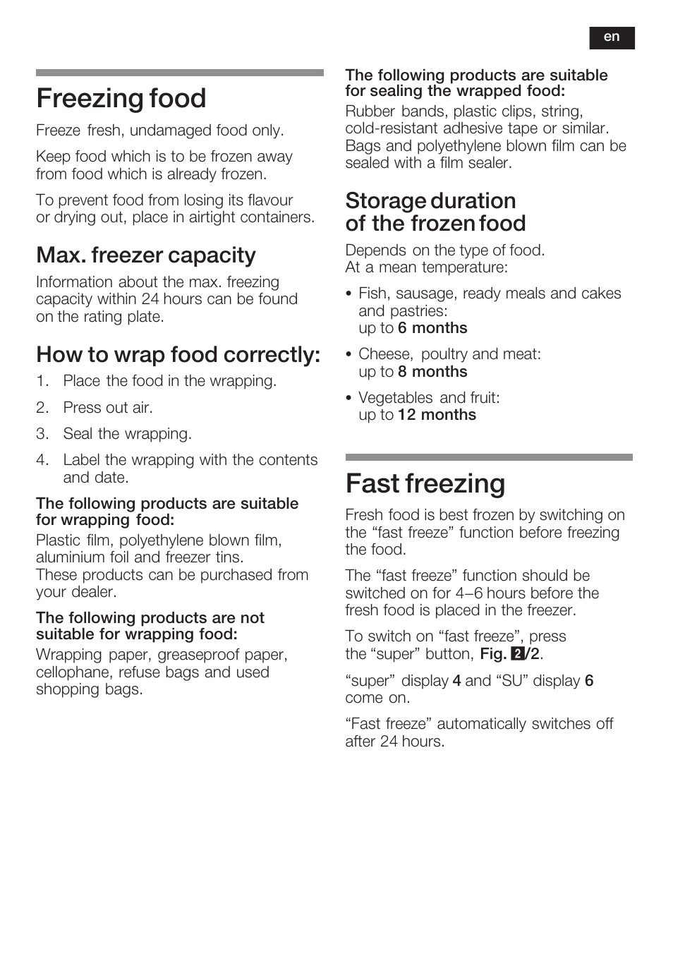 Freezing food, Fast freezing, Max. freezer capacity | How to wrap food correctly, Storage duration of the frozen food | Neff K5734X8 User Manual | Page 31 / 97