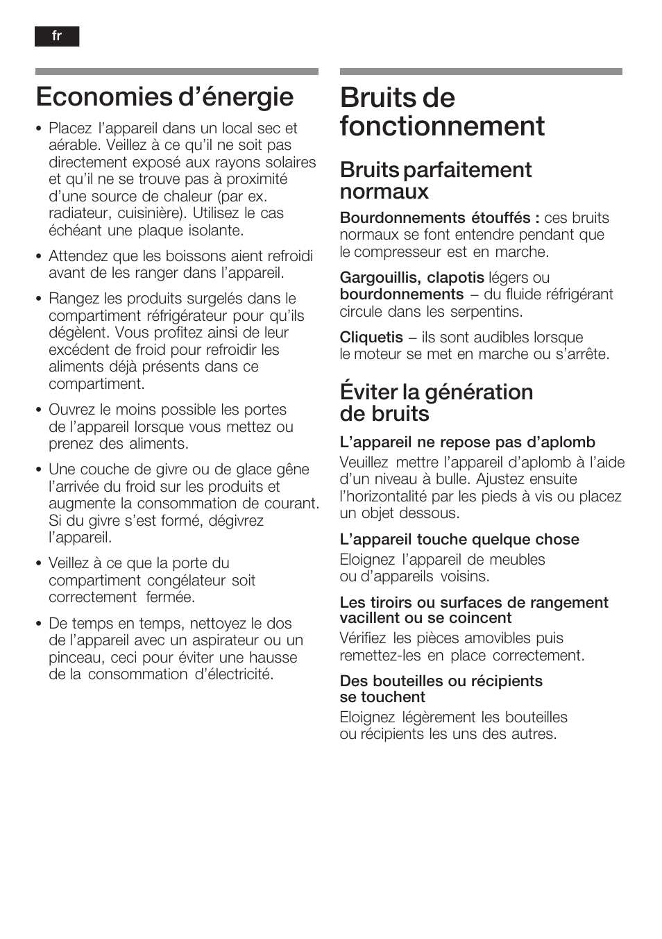 Bruits de fonctionnement, Economies d'énergie, Bruits parfaitement normaux | Éviter la génération de bruits | Neff K5734X8 User Manual | Page 54 / 97