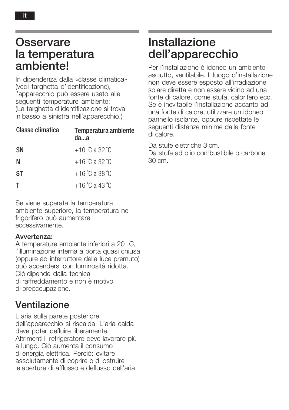 Osservare la temperatura ambiente, Installazione dell'apparecchio, Ventilazione | Neff K5734X8 User Manual | Page 62 / 97