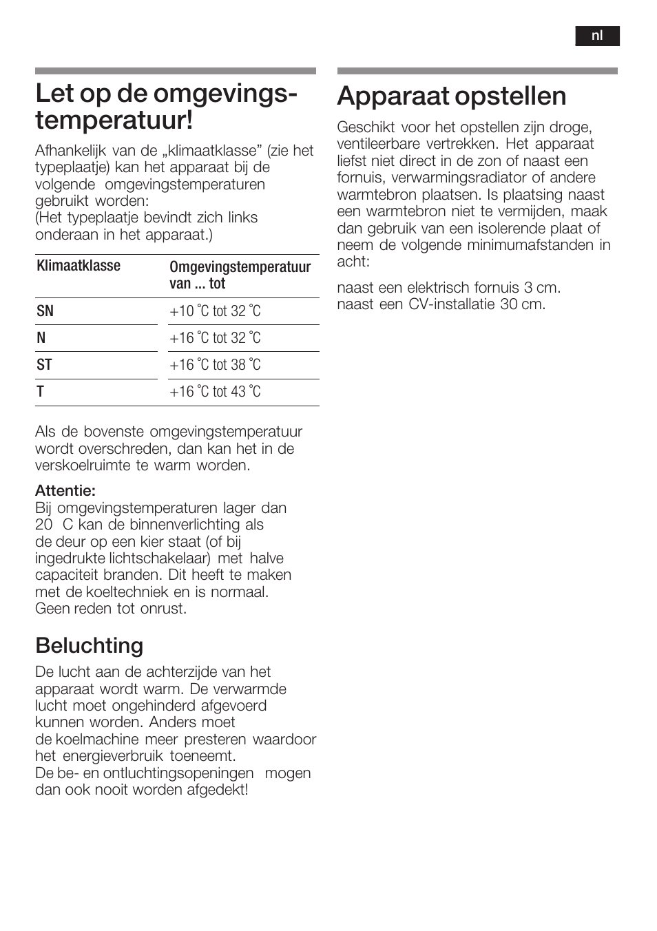 Let op de omgevingsć temperatuur, Apparaat opstellen, Beluchting | Neff K5734X8 User Manual | Page 79 / 97