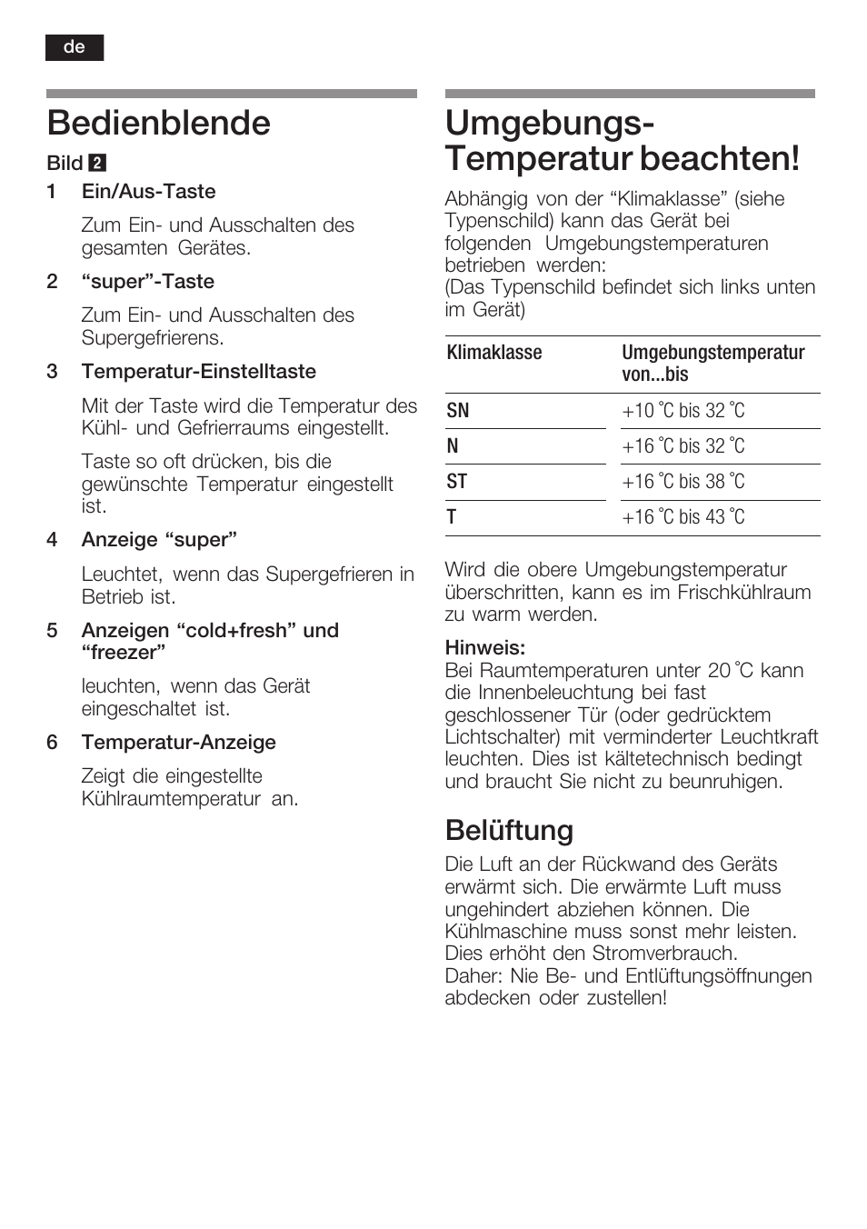 Bedienblende, Umgebungsć temperatur beachten, Belüftung | Neff K5734X8 User Manual | Page 8 / 97