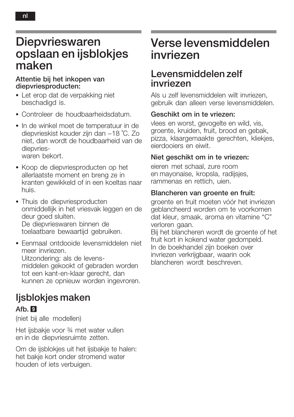 Diepvrieswaren opslaan en ijsblokjes maken, Verse levensmiddelen invriezen, Ijsblokjes maken | Levensmiddelen zelf invriezen | Neff K5734X8 User Manual | Page 84 / 97