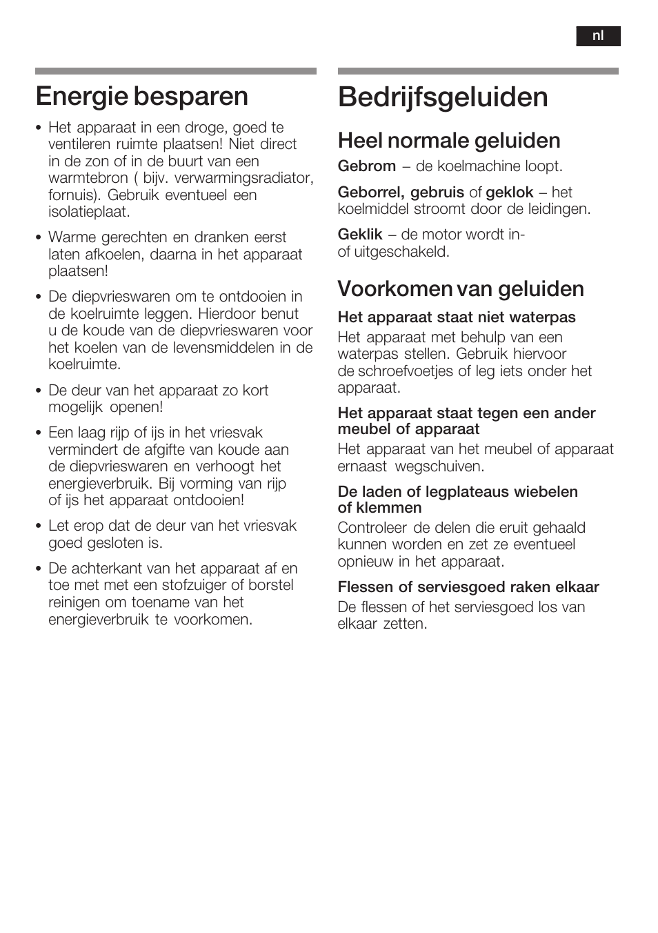 Bedrijfsgeluiden, Energie besparen, Heel normale geluiden | Voorkomen van geluiden | Neff K5734X8 User Manual | Page 89 / 97