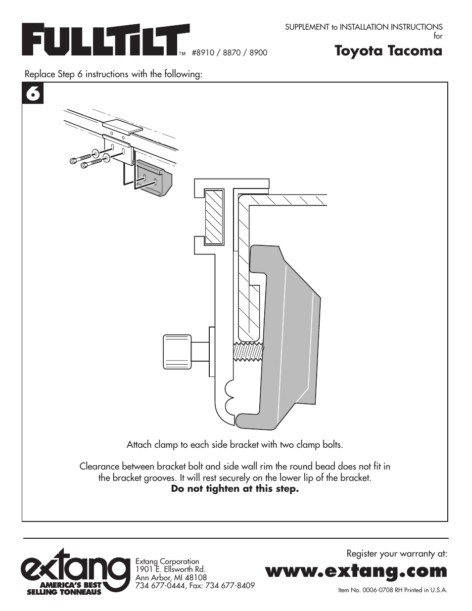 Extang FullTilt: Toyota Tacoma Supplement User Manual | 1 page
