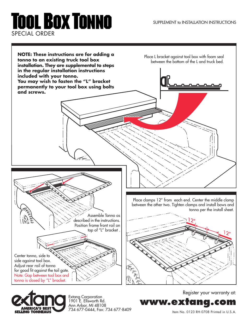Extang Tool Box Tonneaus: Tool Box Installation Supplement User Manual | 1 page