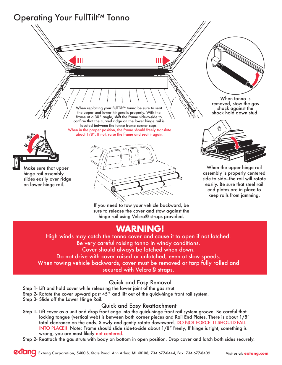 Operating your fulltilt™ tonno, Warning | Extang Tool Box Tonneaus: FullTilt Tool Box Tonneau User Manual | Page 4 / 4