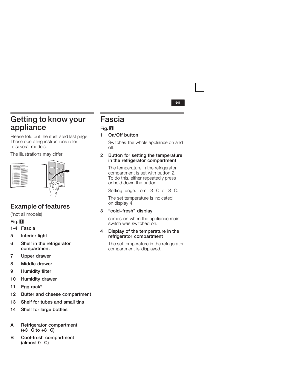 Getting to know your appliance, Fascia, Example of features | Neff K5724X7 User Manual | Page 17 / 66