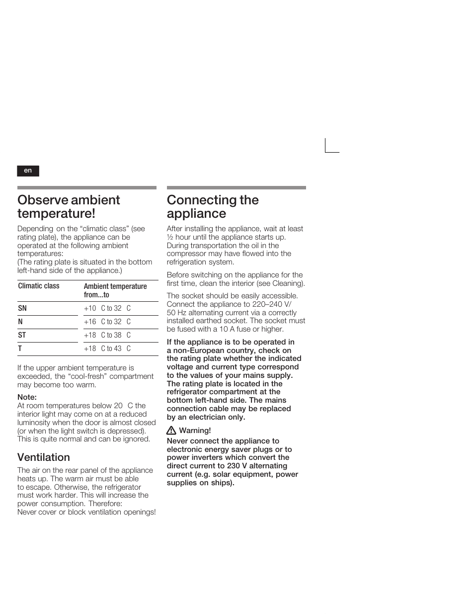 Observe ambient temperature, Connecting the appliance, Ventilation | Neff K5724X7 User Manual | Page 18 / 66