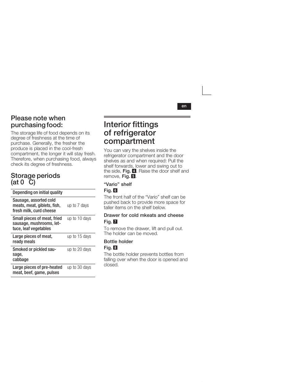 Interior fittings of refrigerator compartment, Storage periods (at 0 ° c) | Neff K5724X7 User Manual | Page 21 / 66
