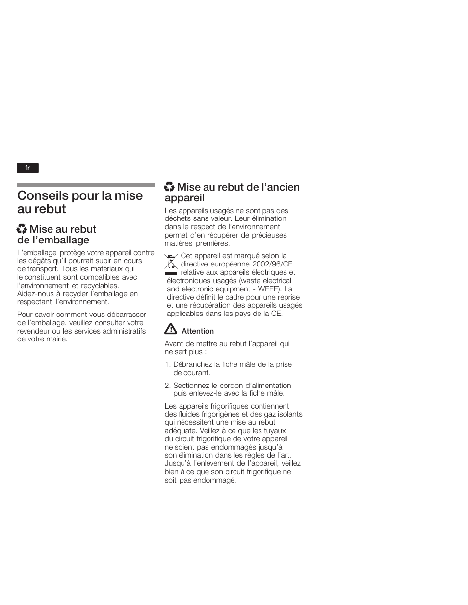 Conseils pour la mise au rebut, X mise au rebut de l'emballage, X mise au rebut de l'ancien appareil | Neff K5724X7 User Manual | Page 26 / 66