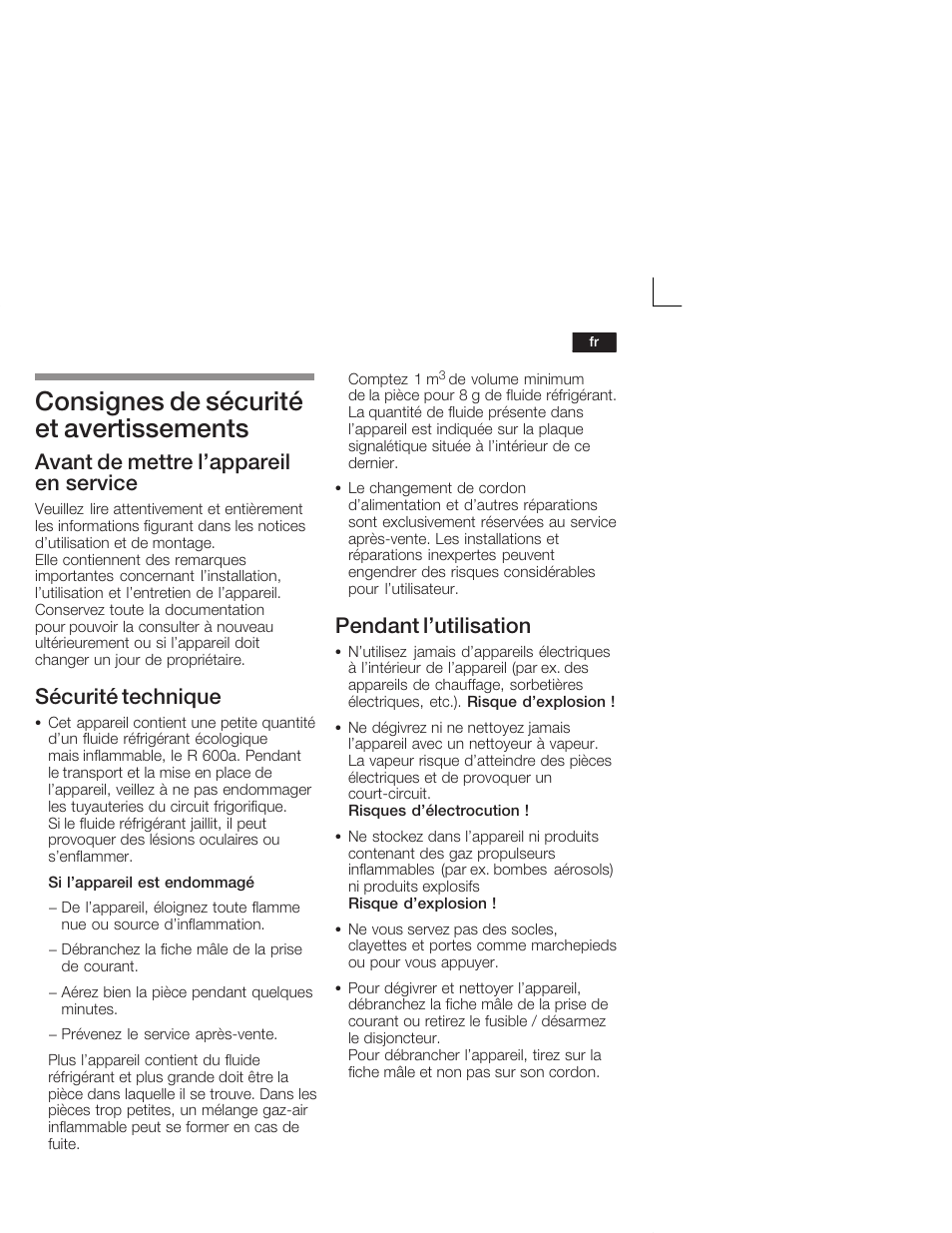 Consignes de sécurité et avertissements, Avant de mettre l'appareil en service, Sécurité technique | Pendant l'utilisation | Neff K5724X7 User Manual | Page 27 / 66