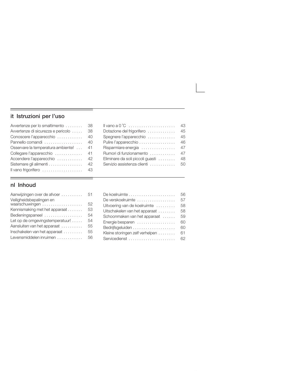 Itąistruzioni per l'uso, Nląinhoud | Neff K5724X7 User Manual | Page 3 / 66