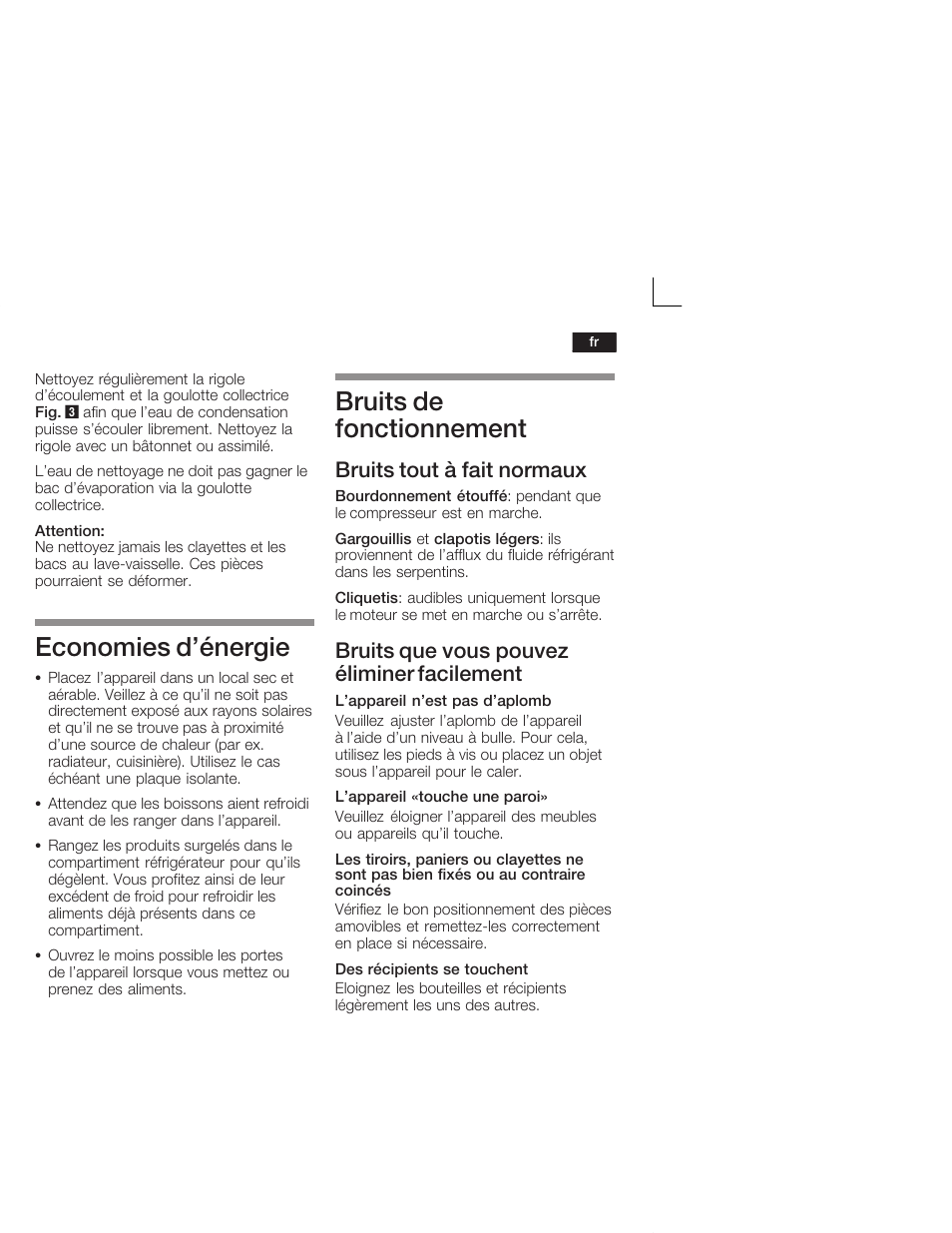 Economies d'énergie, Bruits de fonctionnement, Bruits tout à fait normaux | Bruits que vous pouvez éliminer facilement | Neff K5724X7 User Manual | Page 35 / 66