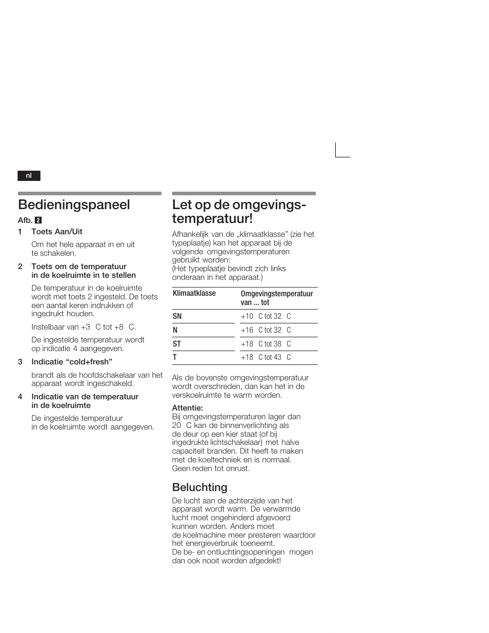 Bedieningspaneel, Let op de omgevingsć temperatuur, Beluchting | Neff K5724X7 User Manual | Page 54 / 66