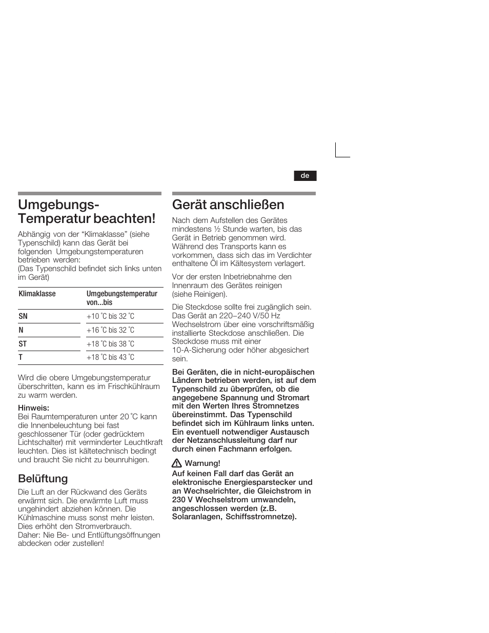 Umgebungsć temperatur beachten, Gerät anschließen, Belüftung | Neff K5724X7 User Manual | Page 7 / 66