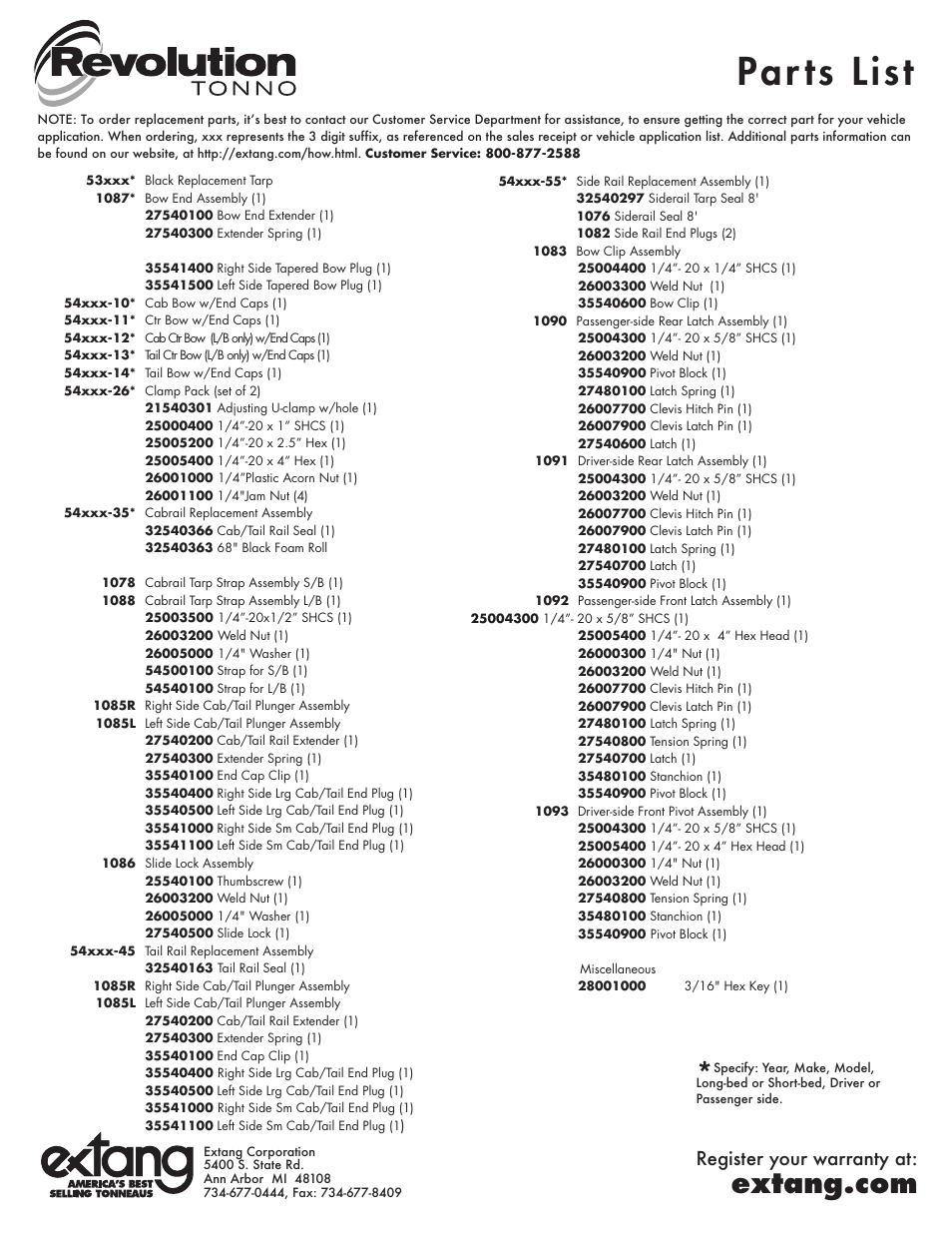 Par ts list, Register your warranty at | Extang Revolution Tonno General Installation User Manual | Page 4 / 4