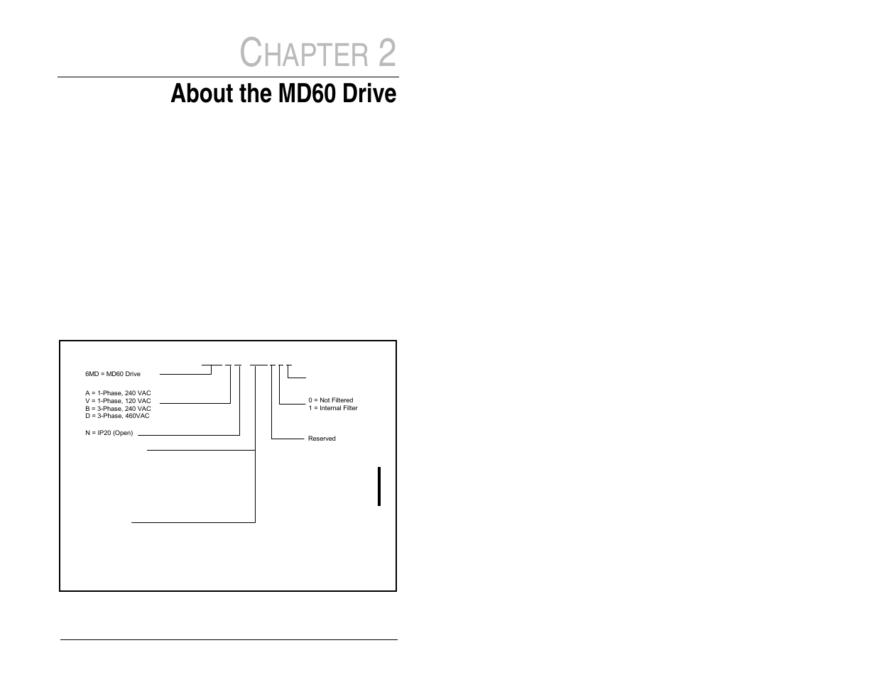 Hapter, About the md60 drive, 1 identifying the drive by model number | FanAm MD60 AC Drive User Manual | Page 13 / 136